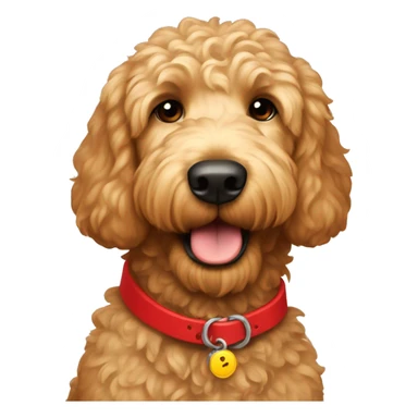 light brown golden doodle wearing a red collar sticker