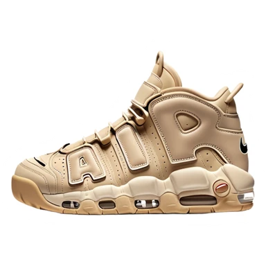 Beige colored Nike Air More Uptempo basketball sneakers with one sneaker positioned behind the other, featuring large AIR text on the sides sticker