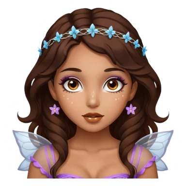 Pretty girl with caramel skin. Dark brown hair and brown eyes. She has freckles. Wearing sexy makeup. Wearing a fairy costume with white fishnet tights and tall heels sticker