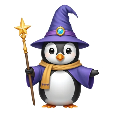 Penguin wearing wizard hat and robe holding a magic wand sticker