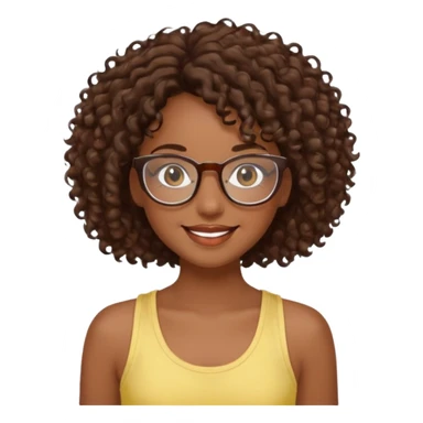 happy girl with dark skin and brown curly hair and clear glasses, long eyelashes, wearing a light yellow tank top sticker