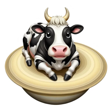 A black and white spotted cow head on top of the planet Saturn with its rings, and enormous human feet wearing shoes supporting the whole structure sticker