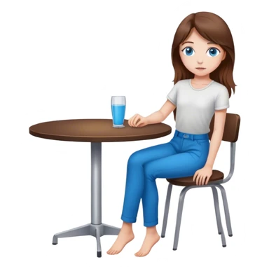 Mädchen jung, braune Haare und blaue Augen, ganzer Körper lange hose, am Tisch sticker