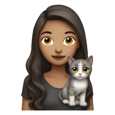 A girl with long brown hair A nd black eyes, holding a a grey cat sticker