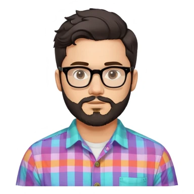 a 30-year-old man with light skin, medium solid build, wide face, soft cheeks, rounded jawline, neutral relaxed expression, short dense full beard, wavy voluminous brown-black hair at the front, large rectangular black thick frame glasses, colorful button-up shirt open showing white t-shirt sticker