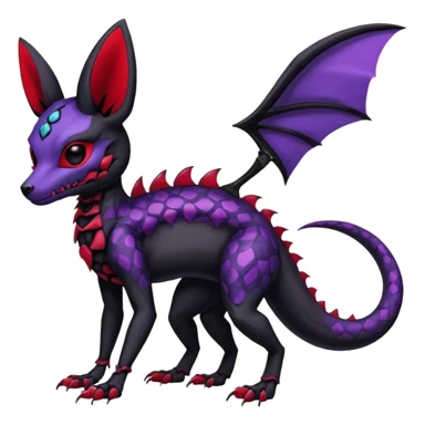 Gothic Black red purple Scaley Exotic Salandit-Umbreon-Noibat-Fakémon-hybrid-creature (full body), 4 legs, skull face mask sticker
