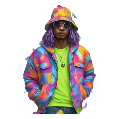 Multicoloured neon person smoking wearing patchwork patterned hippie groovy retro hoodie dancing hip hop bucket hat tropical Skater fashion aesthetic baggy clothes graphic t shirt 420 sticker