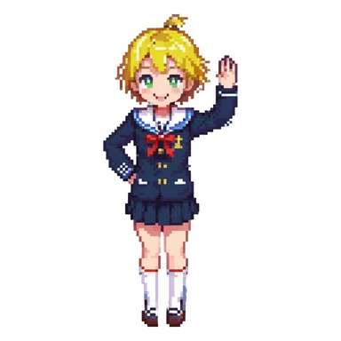 Pixel art anime girl with short bright yellow hair wearing Japanese sailor style school uniform, composed posture with hand on hip but energetically waving with other hand, excited smile and happy eyes sticker