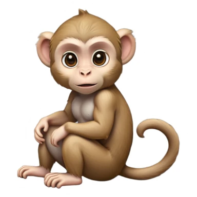 cinematic-cute macaque-realistic-full-body-sitting-emoji,-compact-muscular-frame-poised-on-a-rocky-outcrop,-short-curled-tail-resting-behind,-head-tilted-dramatically,-thick-dense-fur-in-warm-shades-of-brown-and-grey,-expressive-eyes-filled-with sticker