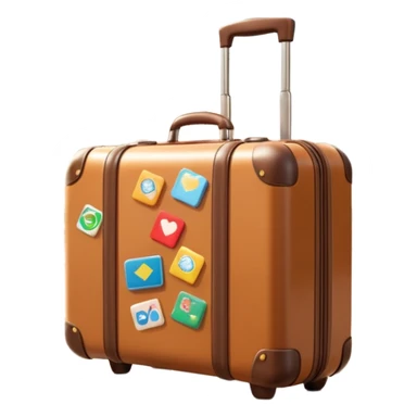 A 3D cartoon suitcase placed on the ground with travel stickers, soft sunlight, warm tone, realistic Memoji-style design. sticker