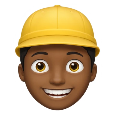 A man with dark skin tone, wearing a bright yellow cap, short black hair mostly covered by the cap, large brown eyes, and a wide smile showing his teeth. sticker
