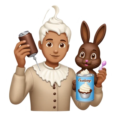 Man putting whip cream from a can on a chocolate Easter bunny  sticker