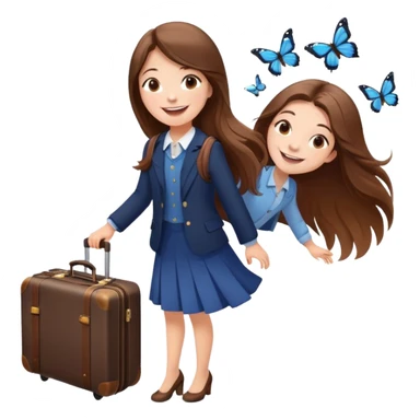 Excited smiling sweetly 🥹🥰🦋 Girl with long brown hair with a suitcase, ready for travel, passport in hand and butterflies around her elegant sticker