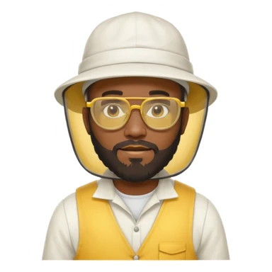 black male bee keeper with beard, white hat and yellow glasses, white outfit,  sticker