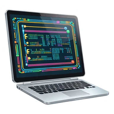 An icon featuring a laptop screen with colorful lines of code, brackets, and a blinking cursor, symbolizing programming. The design includes flowcharts, gear icons, and binary code, representing software development and logical problem-solving. Transparent background highlights the world of coding. sticker
