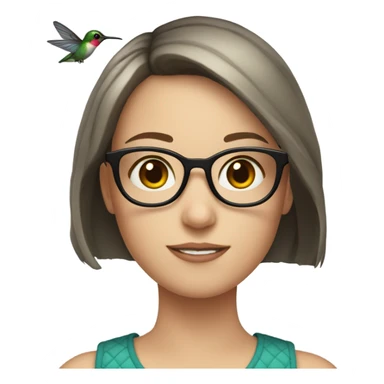 Girl pale , brunette, with short hair, wearing glasses with a hummingbird next to her sticker