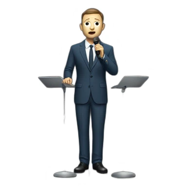 tim robinson in suit singing into microphone stand holding stand (full body, ios17, sad) sticker