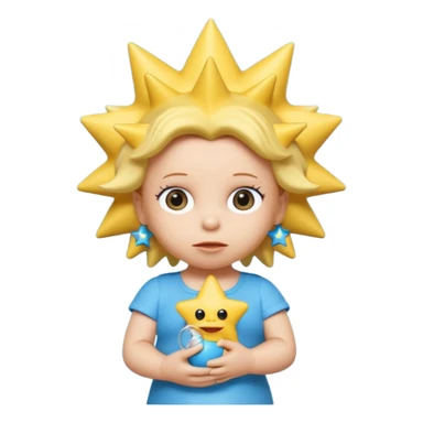 A 3D cartoon close-up of Maggie Simpson, baby from The Simpsons, rendered in Memoji-style with smooth yellow skin, spiky star-shaped hair, blue pacifier, and simple shading. Bright studio lighting, cinematic close-up framing consistent with Bart, Marge, Homer, and Lisa. sticker