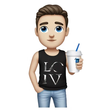 white boy with blues eyes and dark eyebrows wearing a black tanktop with dior written on it, he’s got a lv bag on his hand and a cup of iced coffe on the other sticker