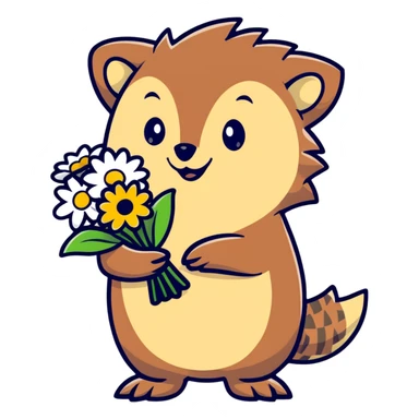 hedgehog holding a bouquet of daisy flowers sticker