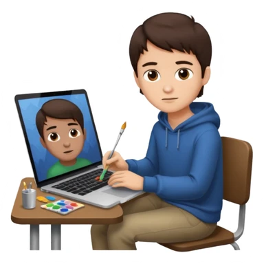 boy working in Macbook, he is graphic designer and paint artist, he seat front side and hair dark brown color sticker
