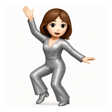 Make the woman do the exact pose of the 🕺🏻 emoji (one arm up, one arm out, one leg bent), keep white skin, brown hair, sparkly jumpsuit, emoji style sticker