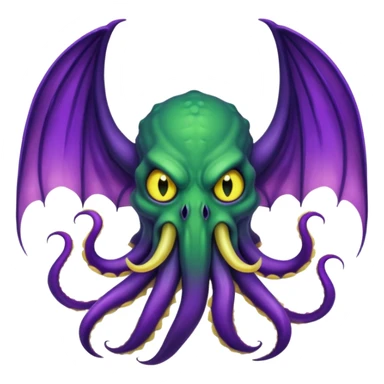 deep green Cthulhu with purple bat wings and purple gradient tentacles. Yellow angry eyes. yellow suckers on tentacles. dramatic ominous shading. two saber-teeth sticker