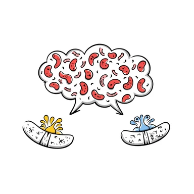Anatomical diagram of antimicrobial mechanism: red bacteria with labeled parts (cell wall, membrane, DNA) surrounded by yellow antibiotic molecules and blue antimicrobial peptides breaking through cell structures. Hand-drawn scientific illustration with detailed cross-section view. sticker