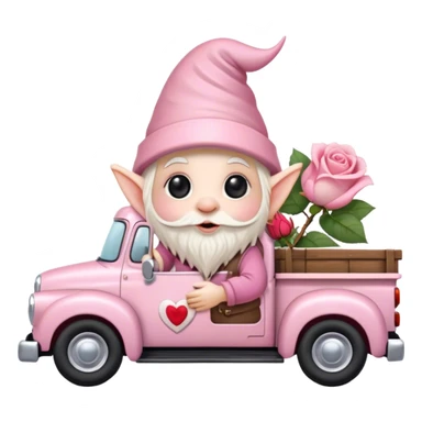 An adorable little pale pink Valentine’s Day style gnome with large glistening eyes, holding a rose with hearts in the background riding in the back of a beat up old pick up truck sticker