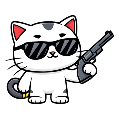 black cat with sunglasses and a gun sticker