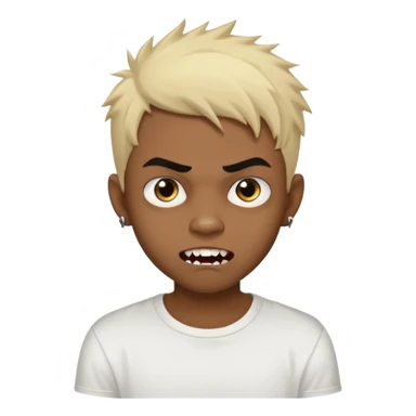 Black Male Teenager with Short punk messy blonde hair, Dark brown bushy eyebrows large expressive golden-brown eyes, wearing a plain white t-shirt, Dark Brown skin color. vampire tooth sticker