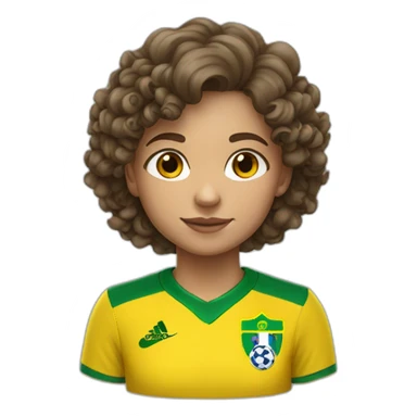 A White 12 years old girl with curly vers brown hair wearing Brazil football shirt sticker