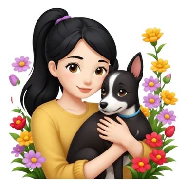A beautiful girl with black ponytail happily hugs a dog in the flowers sticker