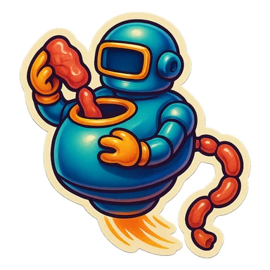 a robot that uses arms to put meat in large hole on top. sausage links come out robots rear. no legs on robot. robot hovers. robot feeds itself meat sticker