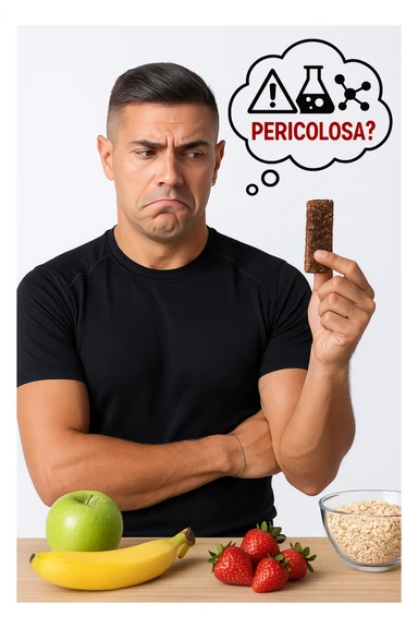 un uomo in abbigliamento sportivo tiene in mano una barretta proteica, osservandola con un’espressione scettica e preoccupata. Sopra la barretta, una nuvoletta di pensiero mostra simboli di allarme, ingredienti chimici e la scritta “Pericolosa?” in rosso. Sullo sfondo, frutta fresca e altri snack naturali sono visibili sul tavolo, sottolineando la sua preferenza per alternative più sane. sticker