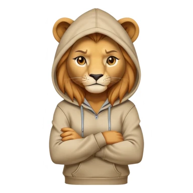 determined anthropomorphised female lion in a hoodie and jeans with arms folded, energetic pose sticker