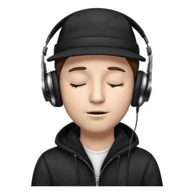 dj man white with baseball cap - rayban glasses - brown hair - closed eyes with headphones on with musical note over head (listening to music ) - eyes closed no glasses - black hat  musical notes floating around head - NO GLASSES sticker