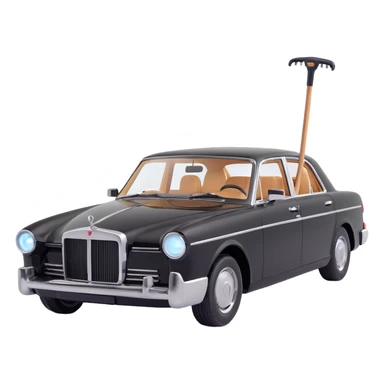 luxury black car resembling Porsche or BMW, with a hammer and a rod forming an X, floating and touching the rear right corner of the car's bodywork, a long rectangular reflection lamp illuminating the upper part of the door, elegant and modern sticker