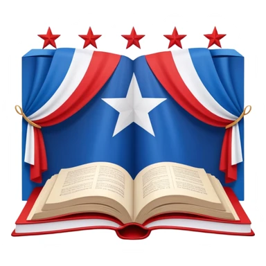 Open book about theatrical scenography with the Puerto Rican flag integrated into its pages, showing theater stage designs in red and blue colors with a white star sticker