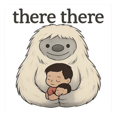 Reduce the image dimensions to make the file smaller, keep the background transparent, and preserve the 'there there' text through the head of the Abominable Snowman hugging the much smaller kid. Maintain the original style and transparency. sticker