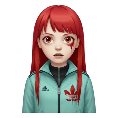 Crie um emoji de uma menina zumbi  com o cabelo vermelho longo com uma franja reta casaco de gola alta da adidas sticker