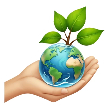 An icon featuring a green leaf, Earth held in hands, and a recycling symbol, symbolizing ecology. The design includes trees, clean water, and animals, representing environmental protection, sustainability, and ecosystems. Transparent background highlights the science of nature and conservation. sticker