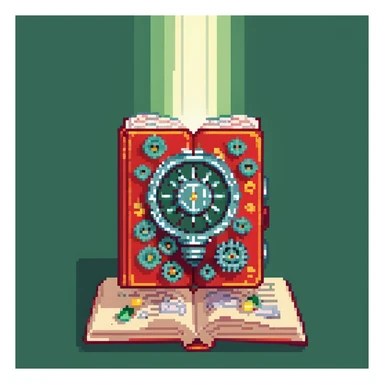 a red book opened with ideas represented by lightbulbs and gears, and money represented by coins and bills coming out, under a spotlight sticker
