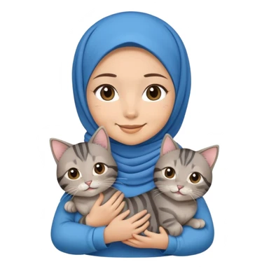 Asian white girl wearing blue hijab with dress holding a black grey tabby cat while smiling sticker