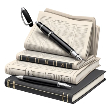 Create an emoji representing journalism and publicistic writing. The design should feature a stack of newspapers, an open notebook, and a single classic fountain pen placed on top of the notebook, symbolizing the act of writing. The scene should convey a sense of professionalism and thoughtful analysis. Use a neutral and professional color palette, with black, white, and muted tones. Do not include any emojis or smiley faces. Make the background transparent. sticker