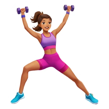 An energetic person performing an aerobics workout in a brightly lit gym, jumping and stretching with enthusiasm. The scene includes vibrant fitness equipment like dumbbells and exercise mats, with a background of cheerful, motivating colors, conveying energy and movement. sticker