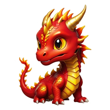 Cinematic Cute Fierce Fire Dragon Portrait Emoji, Head tilted playfully and inquisitively, showcasing a robust, flame-embellished form with intricately detailed scales in vibrant reds and glistening golds, accented by flickering ember highlights and a warm, inviting glow; rendered with lifelike detail and radiant natural light, high shine, spirited yet endearing, styled with a touch of blazing whimsy, soft glowing outline, capturing the essence of a mischievous yet charming inferno that seems ready to dance with playful fire! sticker