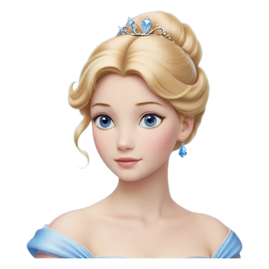 Cinematic Realistic Cinderella Portrait, depicted with lifelike skin texture, subtle rosy undertones, and soft natural lighting that enhances the gentle contours of her face. Her intricately detailed golden blonde hair is elegantly styled in an updo, with delicate wisps framing her face. Her deep, expressive blue eyes radiate warmth and sincerity, reflecting a quiet resilience and grace. She holds a glass slipper gently in one hand, her other hand resting gracefully at her side, emphasizing the timeless beauty of the moment. She is dressed in her iconic ball gown, the fabric shimmering with intricate embroidery and fine translucent layers that catch the light beautifully. The soft sheen of satin gloves adds a magical touch to her graceful pose. The portrait features an enchanting glow with a natural, luminous finish, seamlessly blending realism and fairytale charm to evoke a sense of depth, elegance, and timeless beauty. sticker