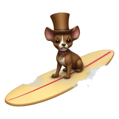Brown chihahau riding surfboard with tophat and huge ears sticker
