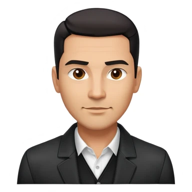 Attractive Hispanic TV host in his mid to late 40s with light brown skin, short straight black hair slicked back with fade on sides, square handsome face with strong jawline, friendly approachable expression, wearing open black jacket revealing white buttoned shirt underneath sticker